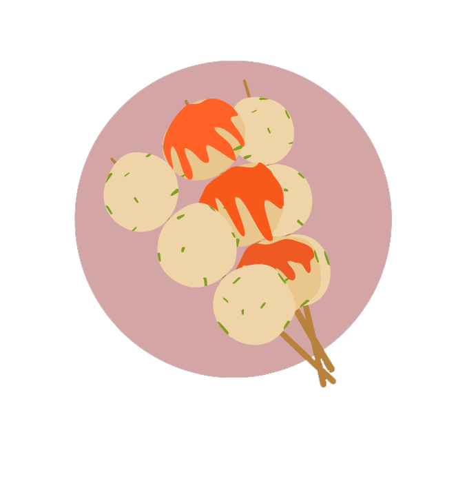 Illustrated logo of skewered Asian street food balls drizzled with sauce, arranged on a plate in a circular pink background.