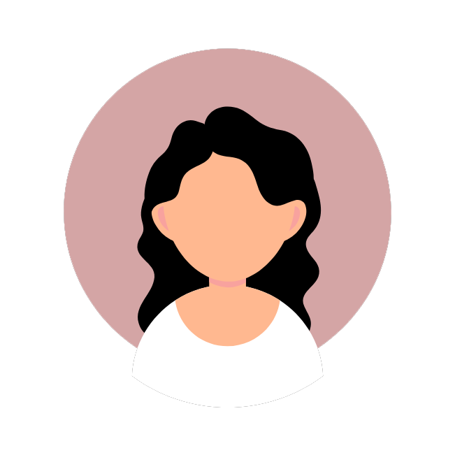 Illustrated female avatar with long wavy black hair, wearing a white top, shown against a circular pink background.