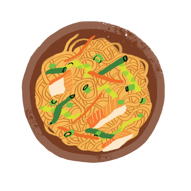 Illustration of a bowl of stir-fried noodles with vegetables and slices of meat in a brown bowl.