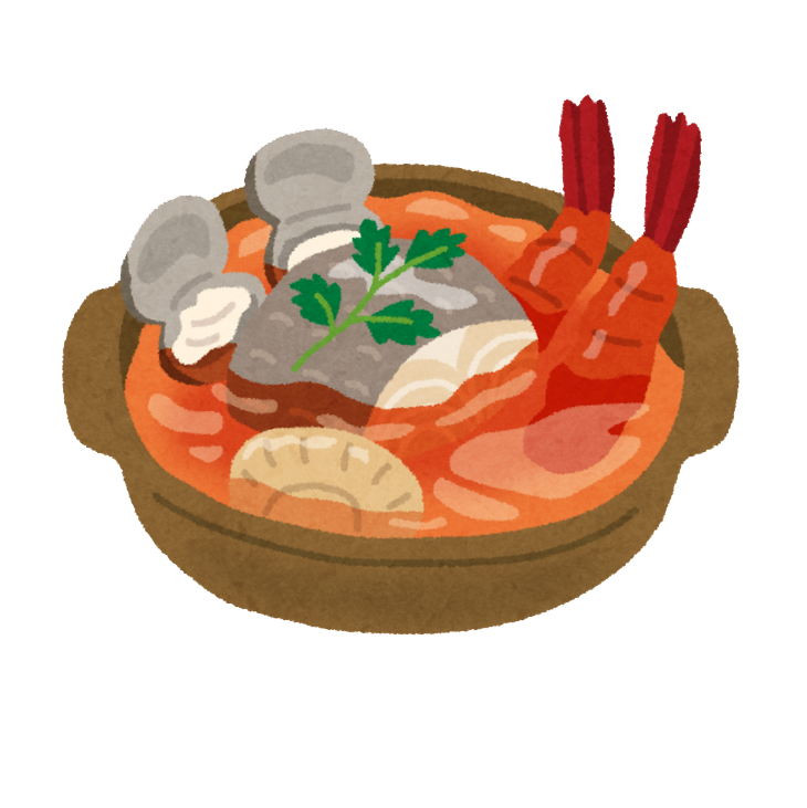 Illustration of a clay pot seafood soup with shrimp, mushrooms, fish, and herbs in a rich broth.