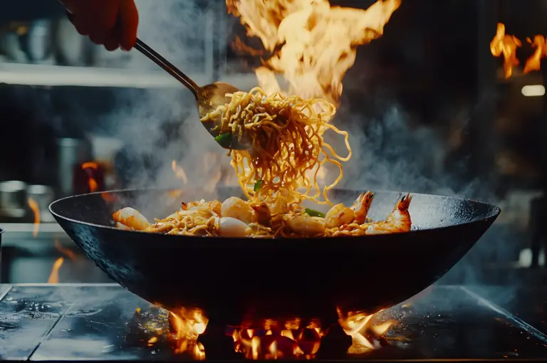 Low‑angle action shot of char kway teow being stir‑fried in a hot wok over open flames, showing noodles tossed with prawns, egg, and sauce amid rising smoke in a street‑food kitchen.