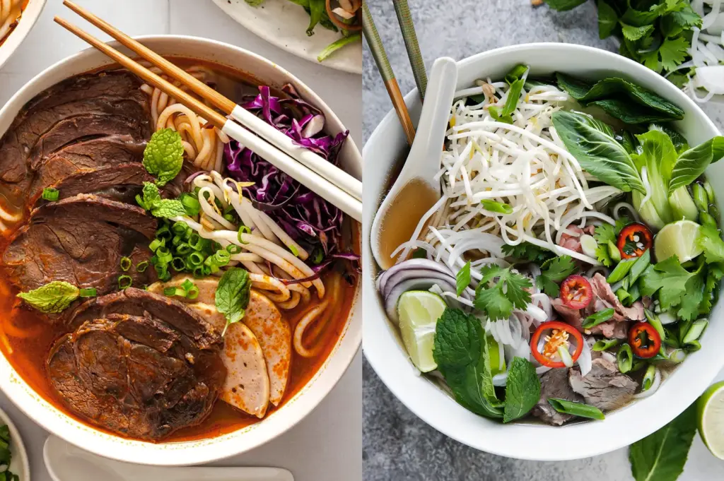 Two Vietnamese noodle bowls, phở and bún bò Huế, topped with beef, rice noodles, fresh herbs, bean sprouts, lime wedges, and sliced chilies.