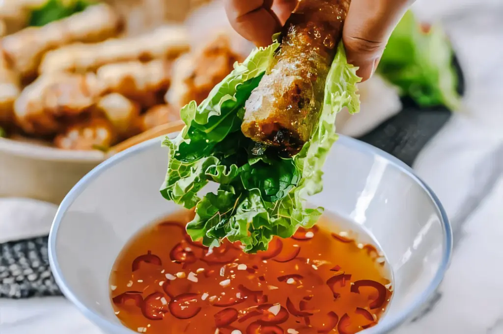 Vietnamese fried spring roll (chả giò) wrapped in fresh lettuce, dipped into chili‑garlic fish sauce with sliced chilies and sesame seeds.