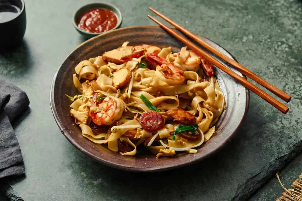 Overhead flat‑lay shot of char kway teow in a dark bowl, flat rice noodles topped with prawns, Chinese sausage, bean sprouts, and chives, with chopsticks and chili sauce on a stone surface.