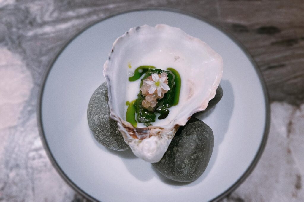 Fine dining oyster shell dish with green puree, edible pearls, and flower garnish on stones.