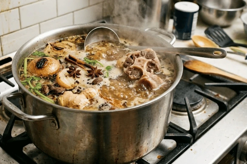 A large stockpot of traditional pho broth simmering on a stove, featuring rich beef bones, charred onions, ginger, and aromatic whole spices like star anise and cinnamon.