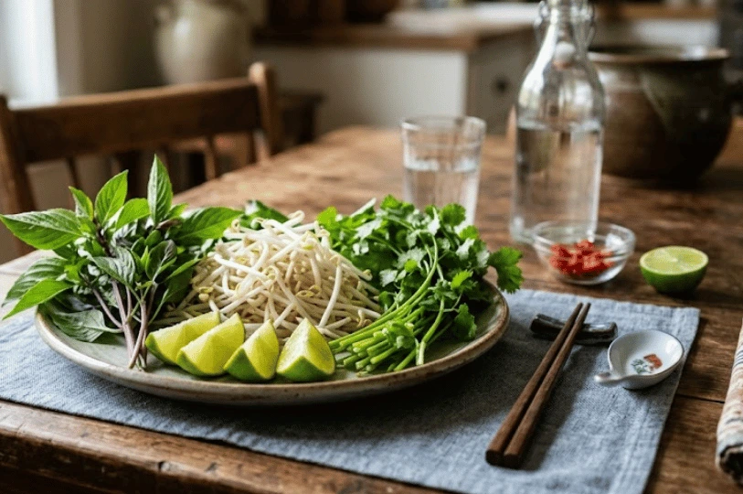 A traditional plate of fresh pho garnishes resting on a wooden table, including crisp bean sprouts, lime wedges, vibrant Thai basil, and cilantro.