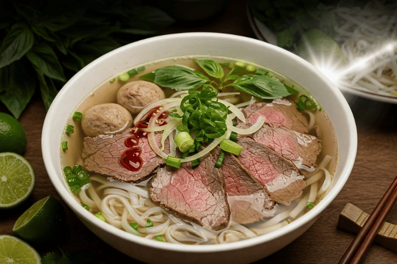A close-up of a steaming bowl of traditional Vietnamese beef pho topped with flat rice noodles, rare steak slices, meatballs, sliced onions, and a drizzle of hot sauce.