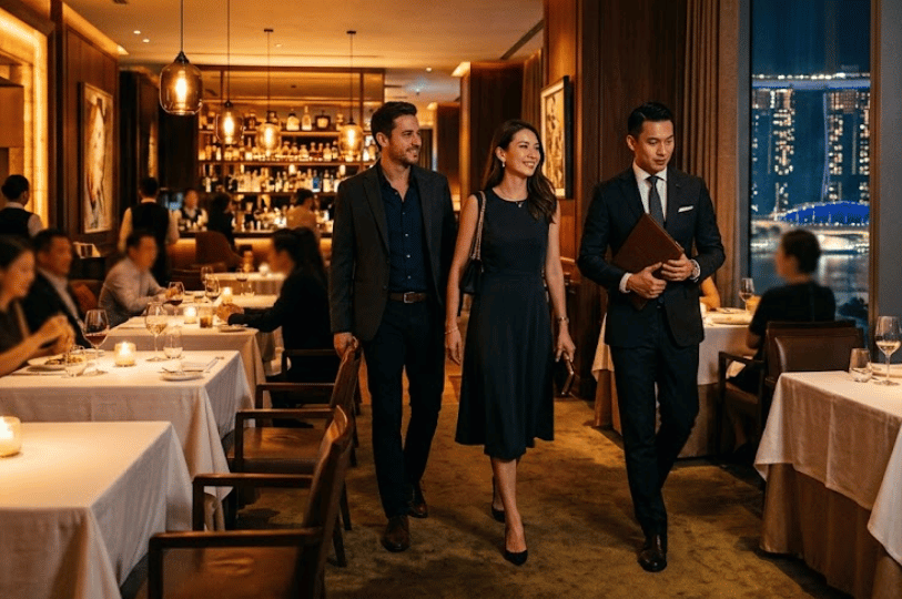A well-dressed couple being escorted by a host through a sophisticated restaurant, with the iconic Marina Bay Sands skyline visible through the large window in the background.