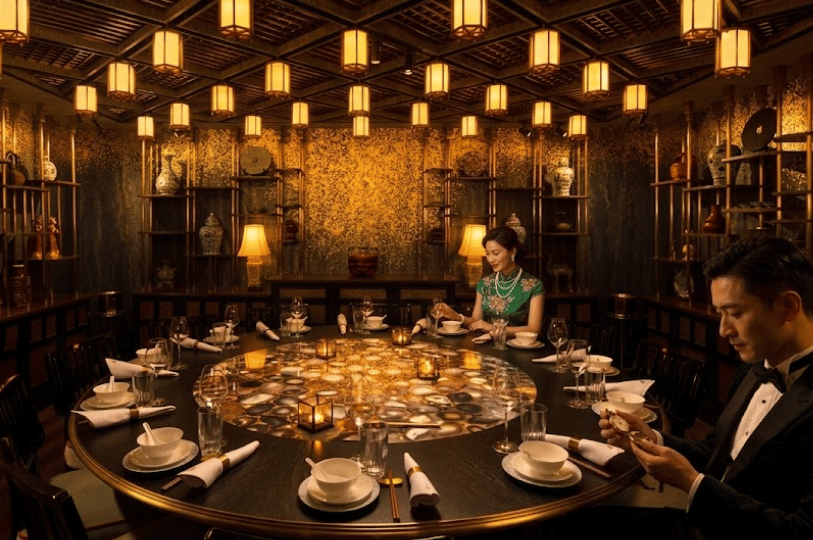 Diners in elegant attire seated at a grand, illuminated round table inside an opulent private dining room decorated with warm hanging lanterns and traditional Asian design elements.