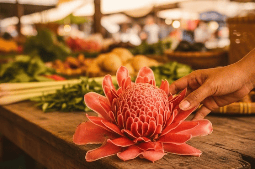 A person's hand touching a fresh, vibrant pink torch ginger flower at a bustling local produce market, highlighting the regional ingredients used in Singaporean cuisine.