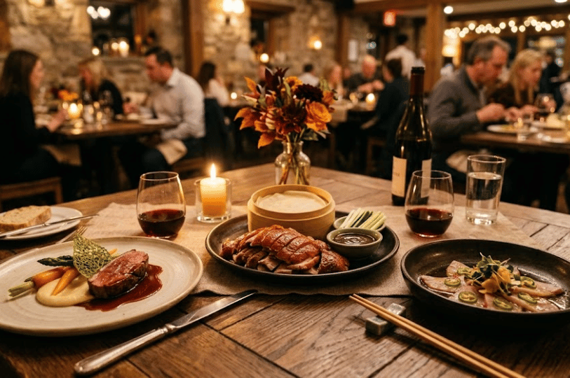 A cozy, candlelit table showcasing an elevated fusion feast, featuring traditional roast duck with steamed pancakes alongside modern plated meats and fine red wine.