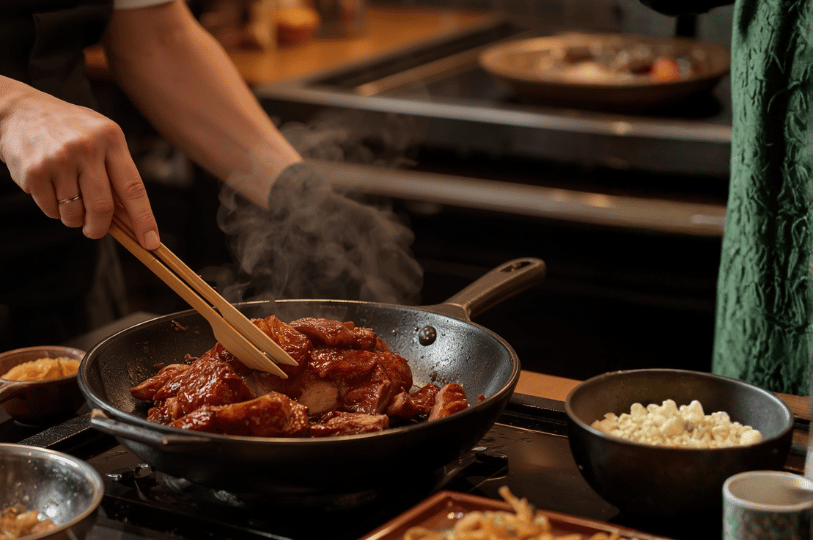 close-up of a chef using wooden tongs to carefully prepare a sizzling, richly glazed meat dish in a hot skillet, demonstrating the culinary precision of Singapore's kitchens.