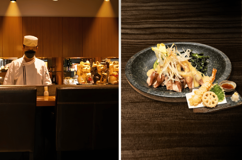 A side-by-side image; on the left, a masked chef stands behind a counter decorated with gold lucky cat figurines, and on the right, a dark stone plate features dressed squid alongside shrimp and lotus root tempura.