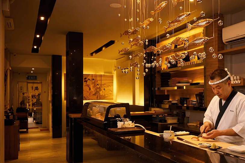 A dedicated Japanese chef in a traditional white uniform carefully prepares ingredients behind a sleek black sushi counter. Warm ambient lighting illuminates the restaurant, highlighting an elaborate hanging installation of golden fish above the workspace.