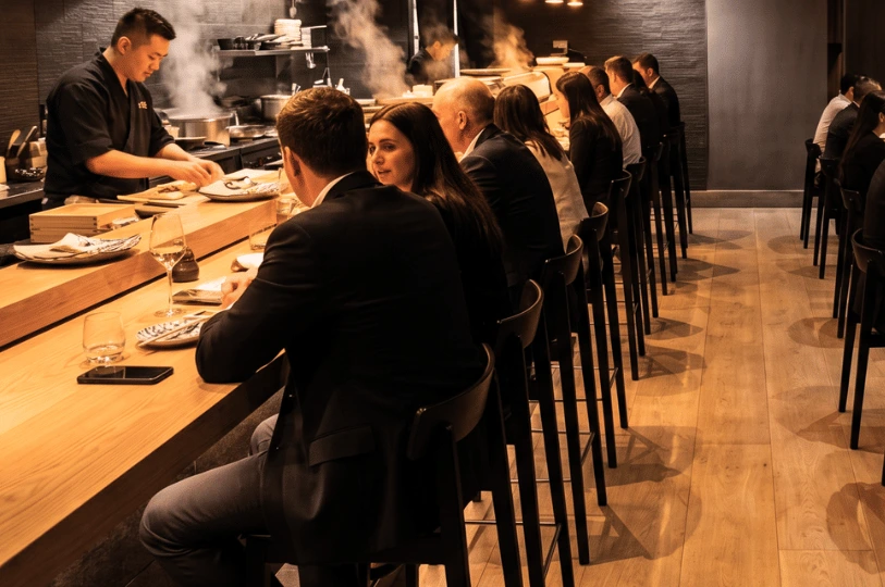 Diners seated at a long, light wood sushi counter, watching a chef prepare food amidst rising steam in a dimly lit, intimate dining room.