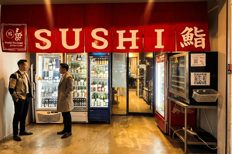 Persons in smart-casual attire stand conversing outside the warmly lit entrance of the restaurant. Above them hangs a bright red noren curtain featuring the word "SUSHI" in large white lettering, while several glowing glass-door refrigerators fully stocked with sake and other bottled beverages are visible in the background.