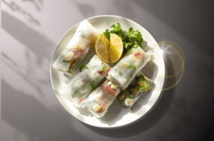 A top-down view of fresh Vietnamese spring rolls (Gỏi Cuốn) arranged on a white plate with lemon wedges and fresh herbs, illuminated by soft sunlight.