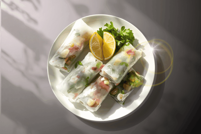 A top-down view of fresh Vietnamese spring rolls (Gỏi Cuốn) arranged on a white plate with lemon wedges and fresh herbs, illuminated by soft sunlight.