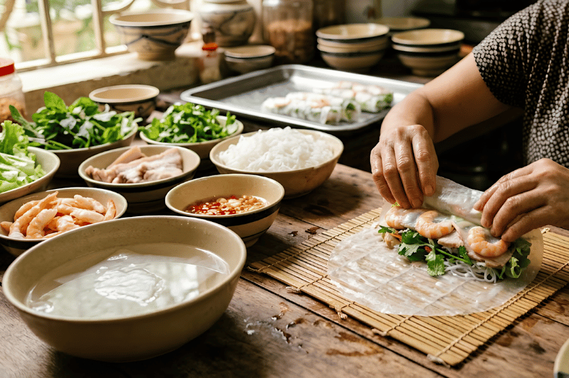 Close-up of a person's hands tightly wrapping a fresh Vietnamese spring roll on a bamboo mat, surrounded by rustic bowls filled with shrimp, sliced pork, rice noodles, and fresh greens.
