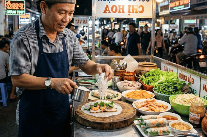 A smiling street food vendor at a vibrant night market stall adding rice vermicelli noodles to a spring roll wrapper, with fresh ingredients neatly displayed in bowls around him.