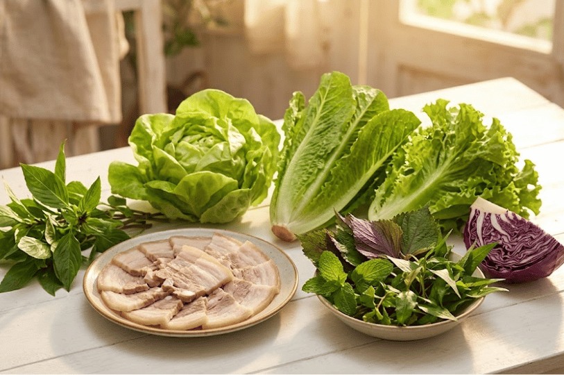 A bright, warm photo of raw ingredients for Vietnamese spring rolls on a white wooden table, featuring a plate of sliced boiled pork belly alongside fresh heads of lettuce, Thai basil, perilla leaves, and red cabbage.