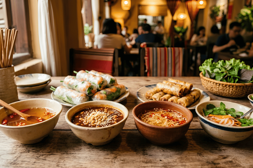 A wooden dining table spread in a cozy, softly lit restaurant, showcasing fresh spring rolls, crispy fried rolls, fresh herbs, and four different bowls of traditional dipping sauces.