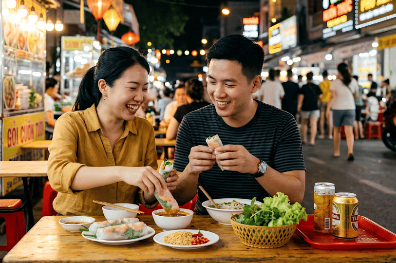A cheerful couple sitting at a small table in a bustling street food market at night, happily dipping and eating fresh Vietnamese spring rolls together.