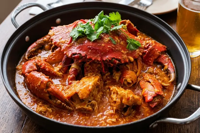 A large wok filled with authentic Singapore chilli crab, featuring whole mud crab pieces coated in a rich, spicy, and savory egg-ribboned tomato and chili sauce, garnished with fresh cilantro, paired with a glass of beer.