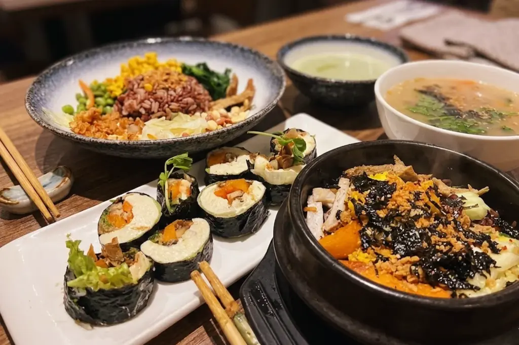 A variety of healthy vegetarian dishes at New Green Pasture Cafe, including a sizzling bibimbap, tofu roll and a signature Thunder Tea Rice.
