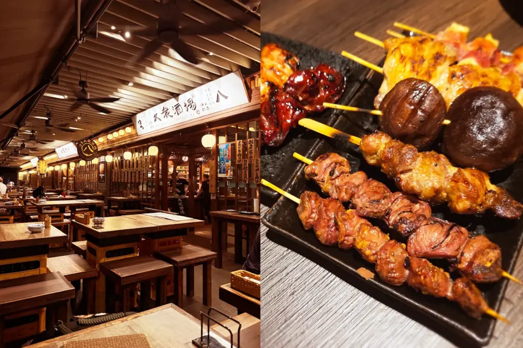 The Public Izakaya by Hachi in Singapore, showcasing a traditional Japanese izakaya facade with wooden furniture and a selection of freshly grilled yakitori skewers.
