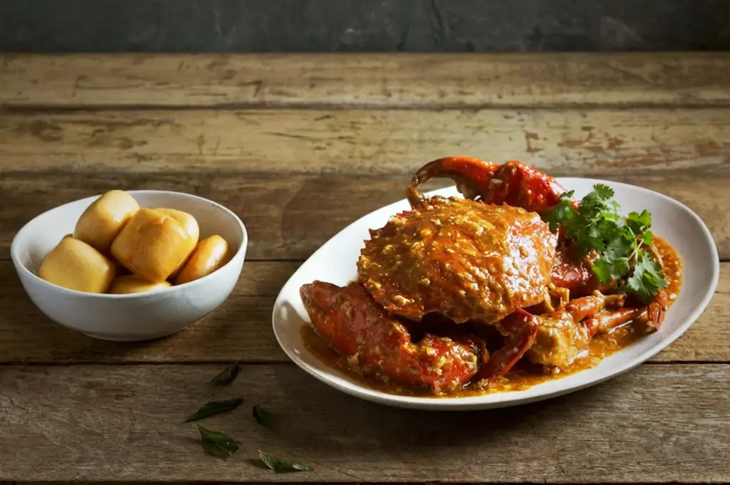 Singapore chilli crab in a rich, savory egg-ribbon tomato and chili sauce, garnished with fresh cilantro on a white plate, served with a side bowl of golden fried mantou buns on a rustic wooden table.
