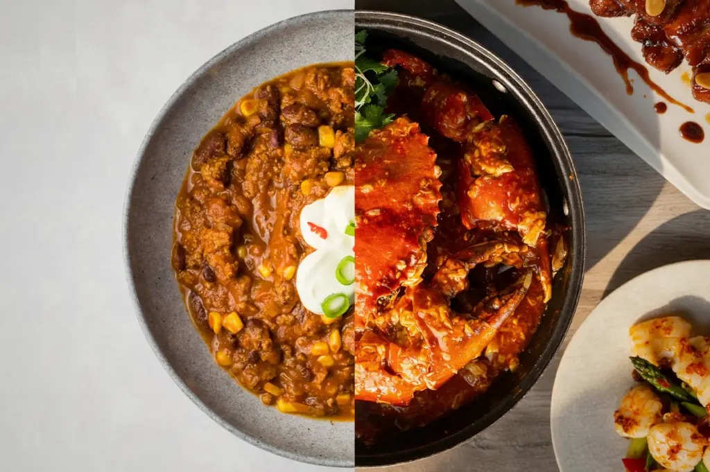 A split-screen food shot comparing chili con carne and JUMBO Seafood’s iconic chili crab.