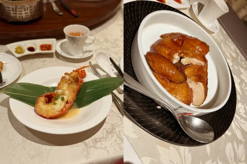 Fine dining Chinese cuisine at Hai Tien Lo, Pan Pacific Singapore, featuring the signature Wok Fried Lobster and Smoked Crispy Chicken.
