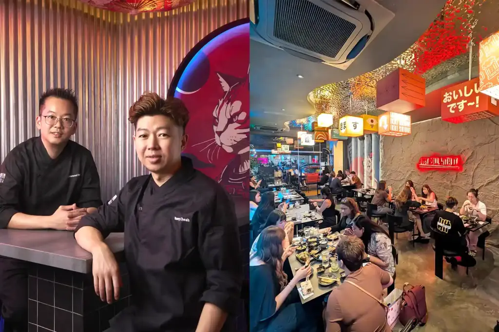 A split view showing the chef Desmond Fong and head chef Haoey Cheah behind the counter on the left and a bustling dining room filled with patrons enjoying modern Japanese food on the right.