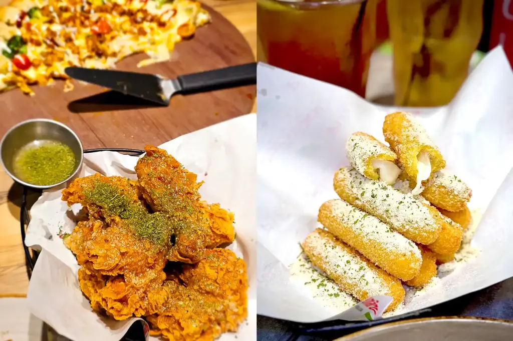 A split-view image of crispy fried chicken seasoned with herbs on the left, and a basket of golden, cheese-powder-dusted mozzarella sticks on the right at Pizza Maru.