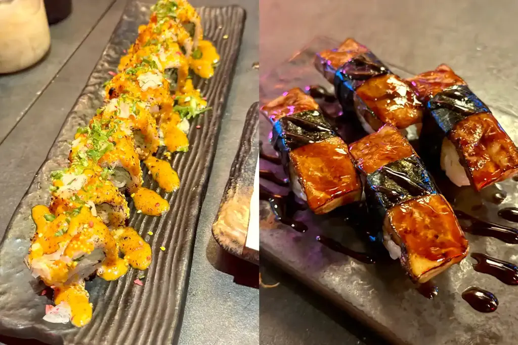 A split-view image showcasing a long plate of shinrai signature maki rolls drizzled with sauce on the left, and glazed foie gras sushi pieces on the right.