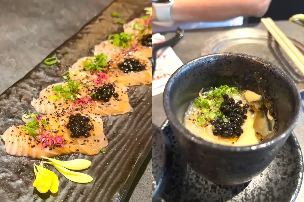 A split view of delicate Japanese dishes featuring salmon carpaccio topped with black caviar and edible flowers on the left, and a savory chawanmushi custard in a dark bowl on the right.