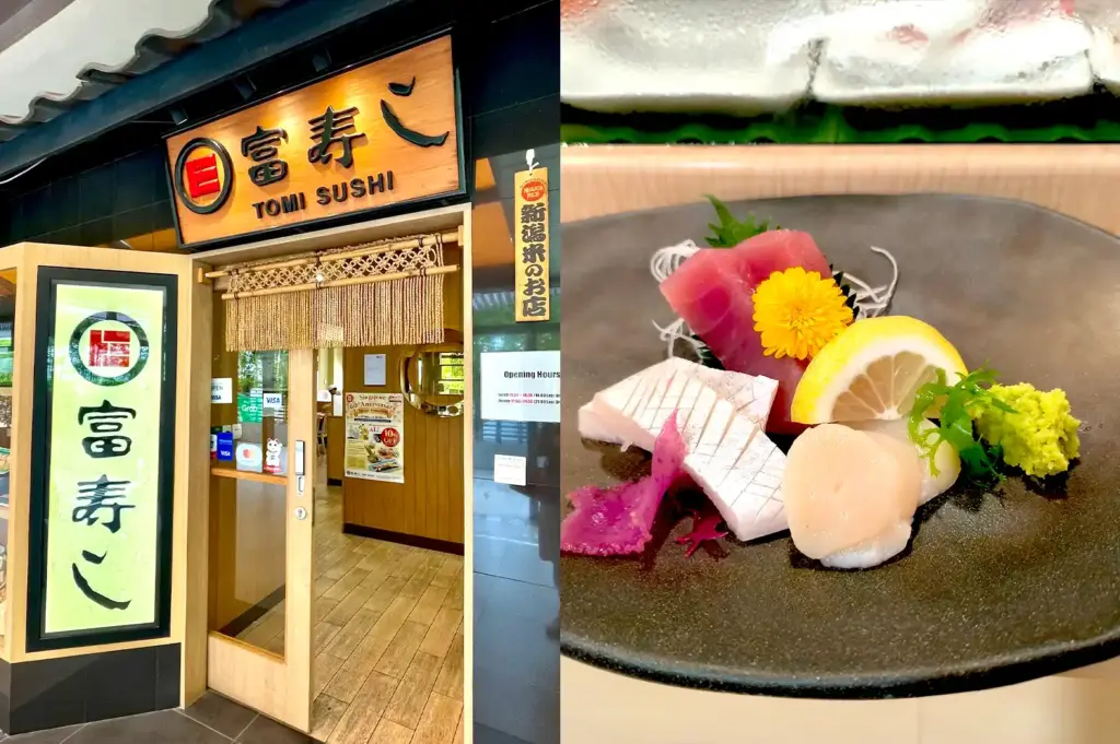 Storefront of Tomi Sushi Millenia Walk paired with a close-up of a premium sashimi platter featuring tuna, white fish, and scallops on a dark plate.