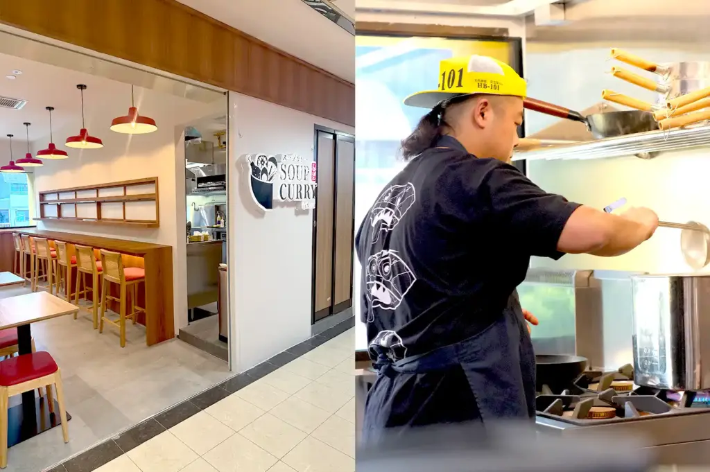 A side-by-side view showing the entrance of Soup Curry by Ki-setsu on the left and Chef Masa, wearing a yellow cap actively preparing broth for soup curry in the kitchen on the right.