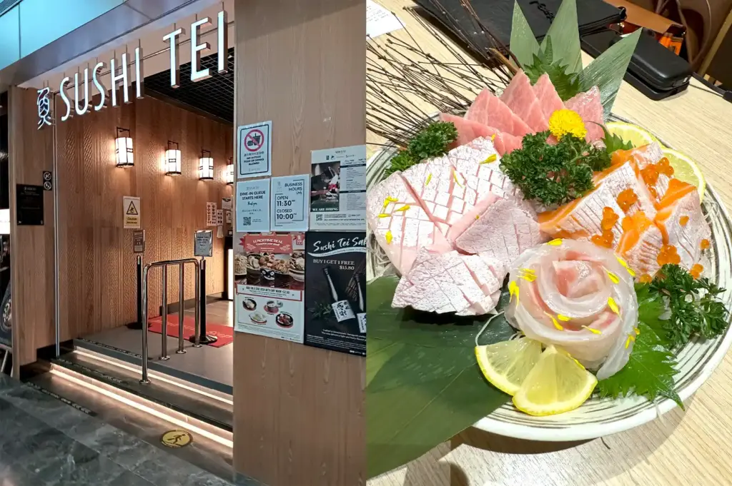 Wooden entrance of Sushi Tei Orchard Paragon beside a lavish, large sashimi platter overflowing with fresh otoro, salmon, and white fish.
