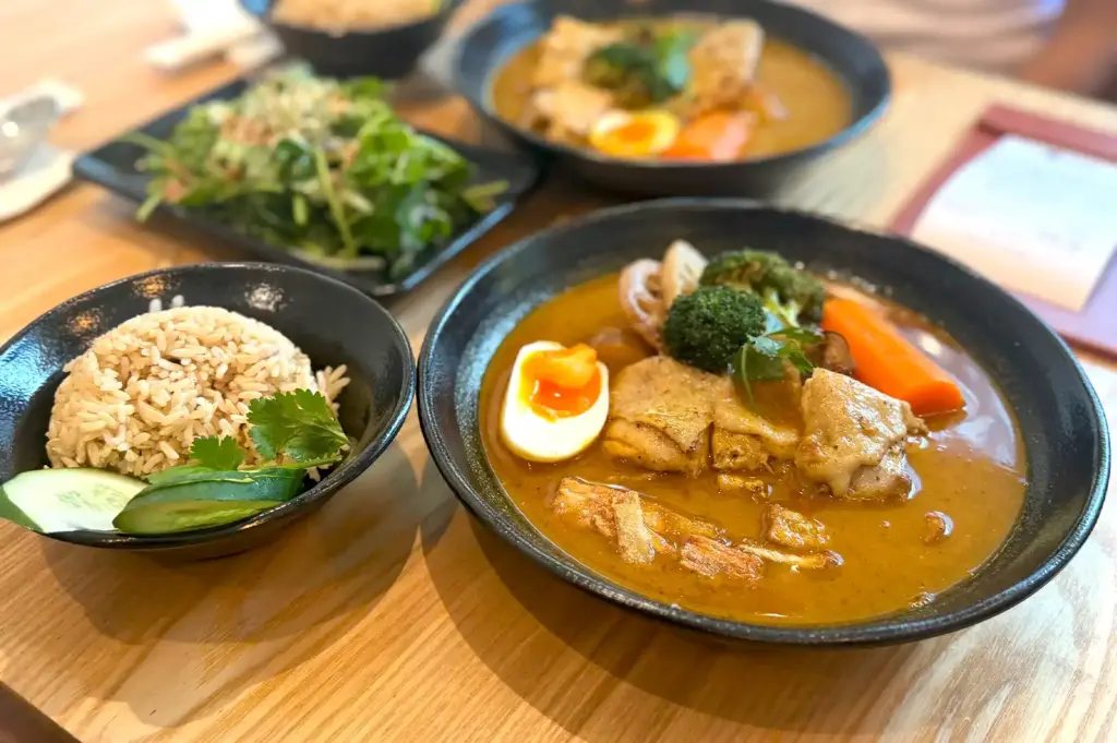 A complete meal setup featuring a bowl of flavorful soup curry, a side of seasoned brown rice with fresh cucumber slices, a fresh green salad, and a soft-boiled egg.