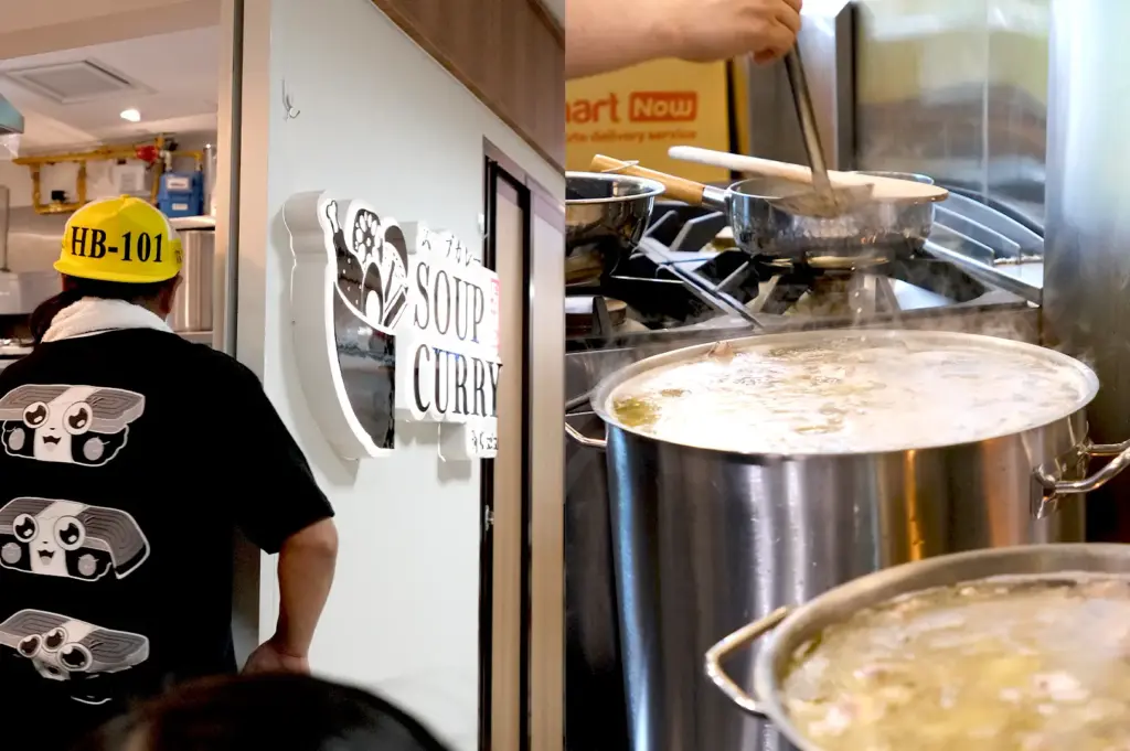A split-frame image showing the restaurant's distinct logo signage on the left alongside a large stainless steel stock pot simmering rich broth in the active kitchen on the right.