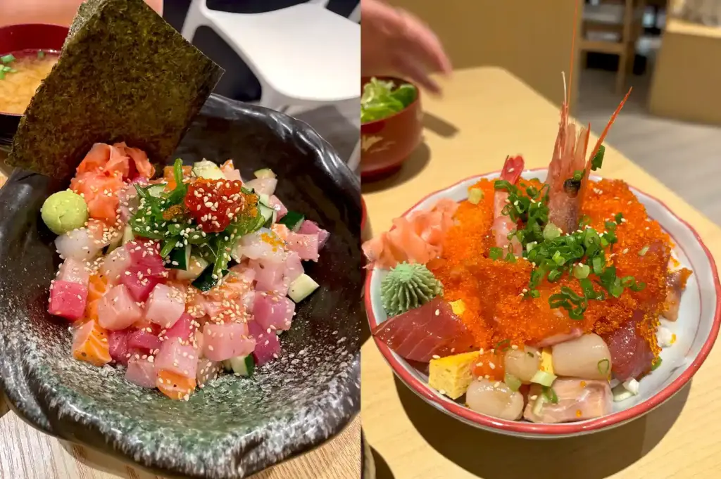 A side-by-side comparison split image displaying different styles of Japanese Chirashi don, featuring a diced bara chirashi don and a loaded Kaisen chirashi don.