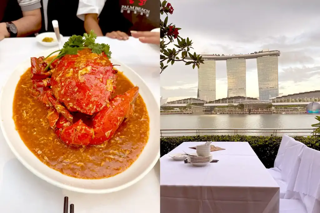 Iconic chili crab dish paired with a scenic outdoor dining view overlooking the waterfront and Marina Bay Sands at Palm Beach Seafood.
