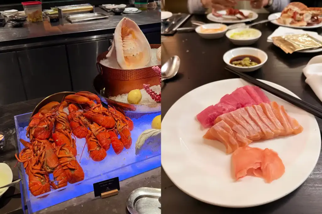 Left: Fresh Boston lobsters chilling on an illuminated ice bed station at Peppermint buffet; Right: A plate of fresh salmon and tuna sashimi served with pickled ginger.