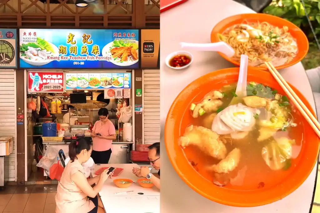 Left: Diners seated in front of the Michelin-recommended Kwang Kee Teochew Fish Porridge stall; Right: Orange bowls of Teochew-style clear fish soup with noodles and fried fish pieces.