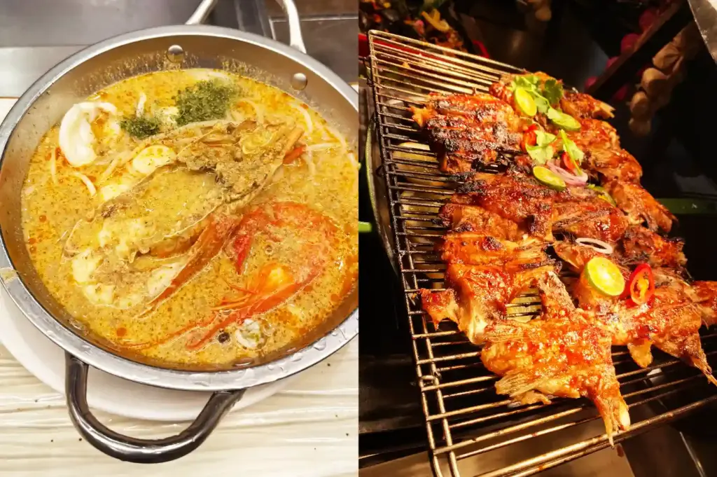 Left: Rich laksa broth with lobster and prawns served in a metal pot; Right: Charred grilled fish with sambal chili resting on a wire rack at the buffet counter.
