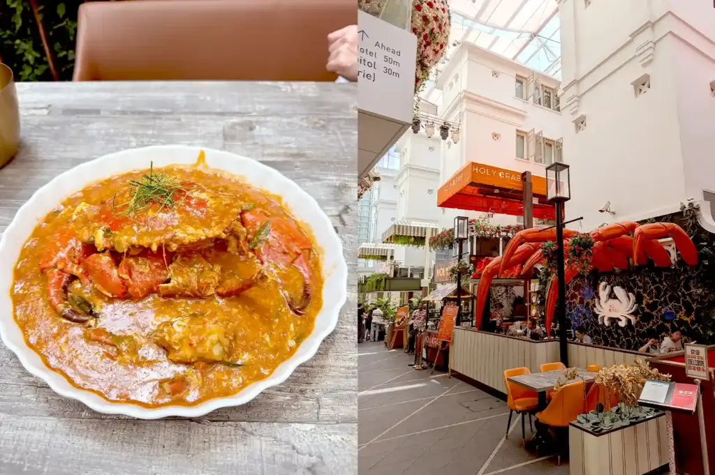 Rich chili crab served at HolyCrab, highlighting its vibrant storefront facade decorated with giant crab claws and outdoor seating where guests gather for loud, memorable nights.